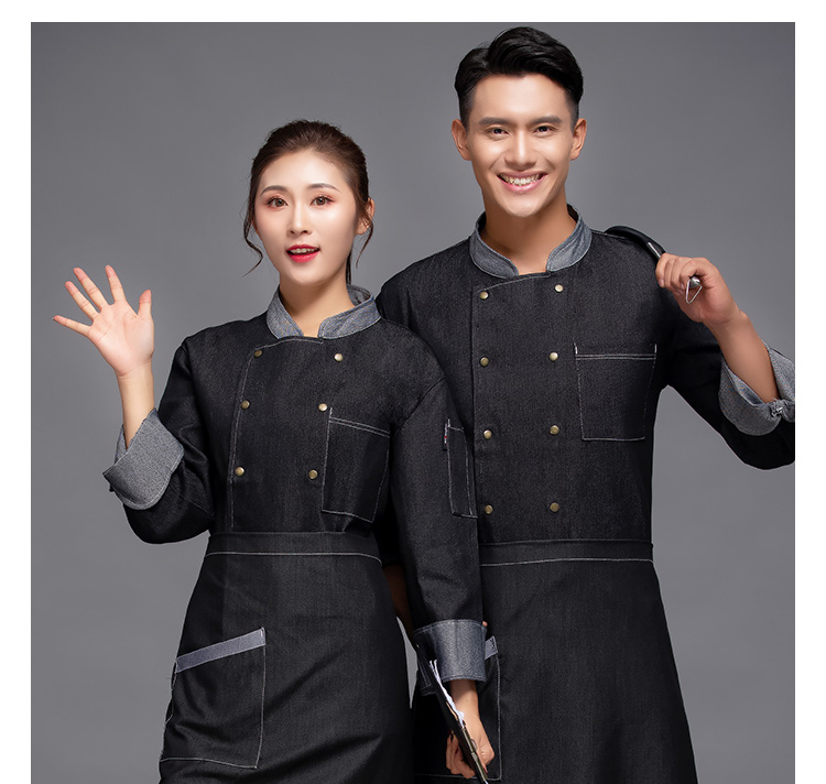 厂家直销厨师工作服长袖秋冬厚牛仔款厨房工装厨师服男女可印LOGO